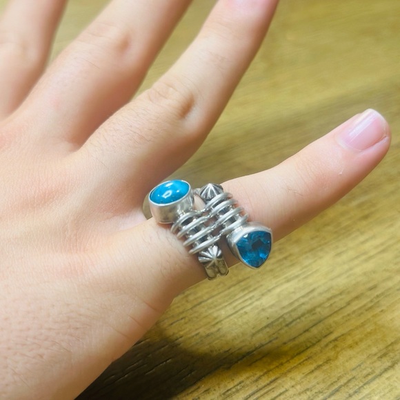American West Authentic Turquoise and Blue Topaz Sterling Silver Ring Size 7 - Picture 5 of 7